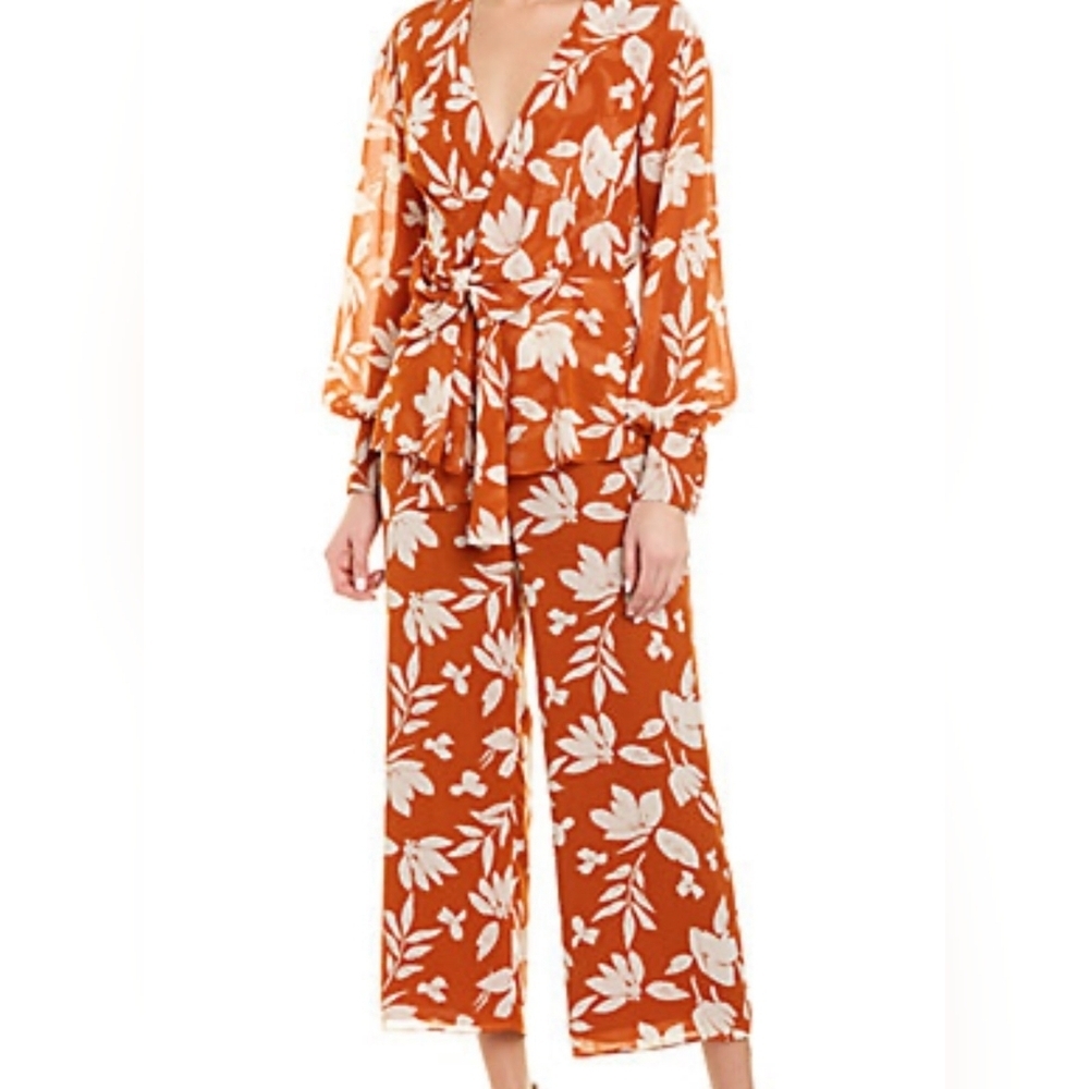 JAYGODFREY Jay Godfrey Rust Floral Print Peplum Tie Waist Jumpsuit 6